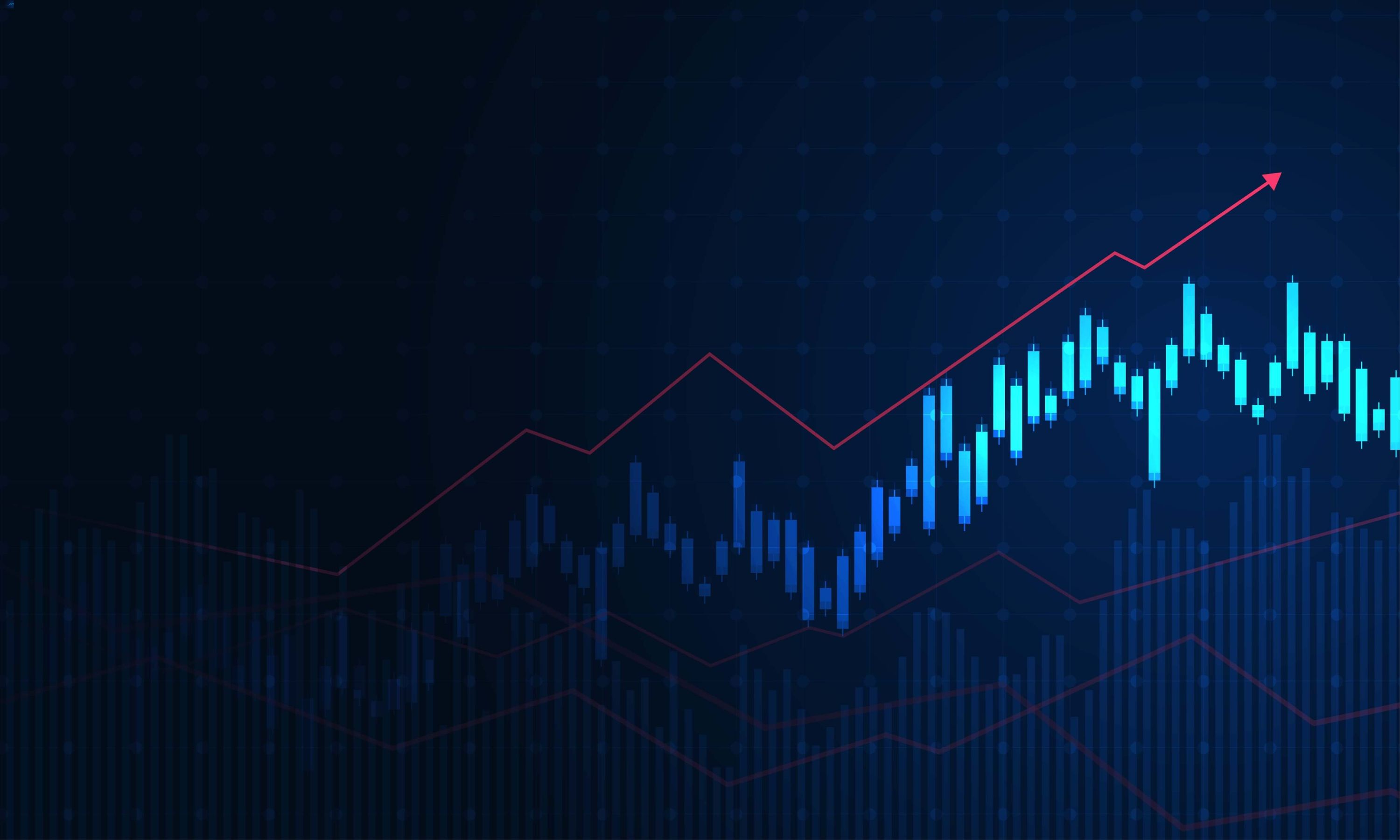 Candlestick market chart with a rising arrow