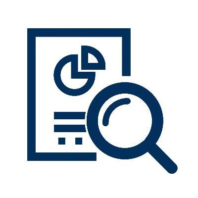 Document with a pie chart and magnifying glass